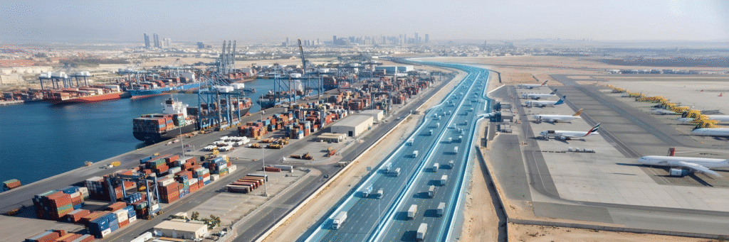 Bonded transit services in action along the Dubai Logistics Corridor, connecting Jebel Ali Port to Al Maktoum Airport for fast, duty-suspended cargo movement.