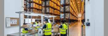 Inside a secure bonded warehouse in Jebel Ali Free Zone (JAFZA) showing workers performing value-added services like labeling under duty-suspended status.