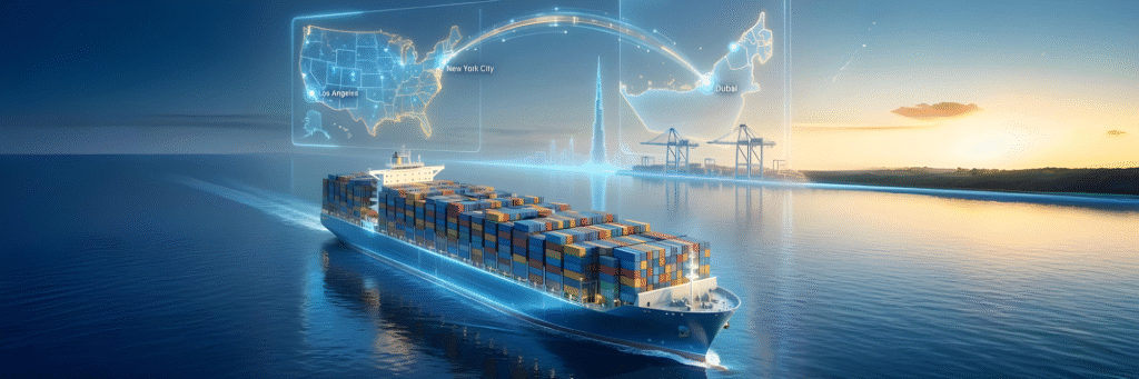 cargo-shipping-from-usa-to-dubai-routes-costs (1) A container ship visualizing the cargo shipping route from the USA (Los Angeles/New York) to Dubai, UAE, illustrating ocean freight transit.
