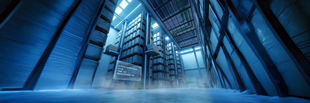 Futuristic high-bay cold chain warehouse featuring automated robotic cranes, AI predictive temperature monitoring, and sustainable energy systems.