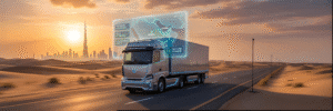 Digital LTL tracking interface overlaying a cargo truck on a highway between Dubai and Saudi Arabia, showing real-time location and customs status.