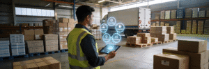 A logistics worker in a Dubai warehouse viewing a digital projection of the 5 P concepts of logistics