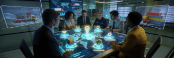 A logistics team collaborating over a digital 3D supply chain map featuring 7 interconnected nodes representing the 7 C's of logistics framework