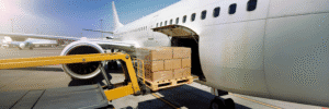 A loading vehicle lifts a tightly packed pallet of boxes into a cargo airplane at a sunny airport.