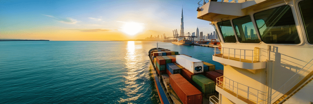 A large commercial container ship fully loaded with cargo arriving at Jebel Ali Port in Dubai from India.