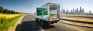 A modern cargo truck on a highway with a digital tracking map floating above it showing live location updates.