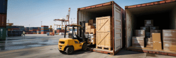 A yellow forklift loads a shared shipping container with different pallets of cargo at a busy port.