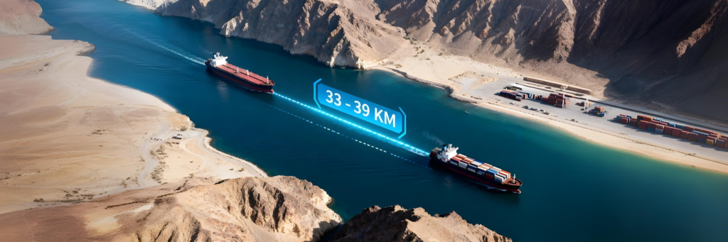 strait-of-hormuz-width-in-km-maritime-chokepoint An aerial satellite view of the Strait of Hormuz showing massive cargo ships navigating the narrow 33 km to 39 km wide maritime chokepoint.
