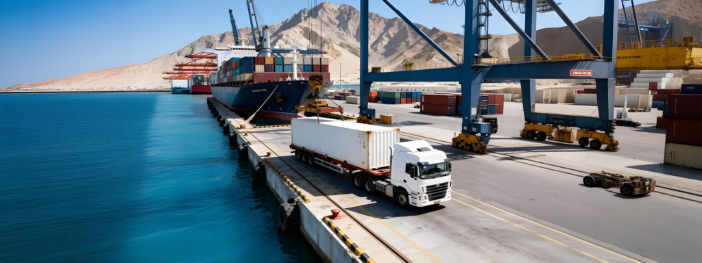 A Three Lines Shipping truck receives cargo from an ultra-large container vessel at Khor Fakkan Port on the UAE's eastern seaboard.