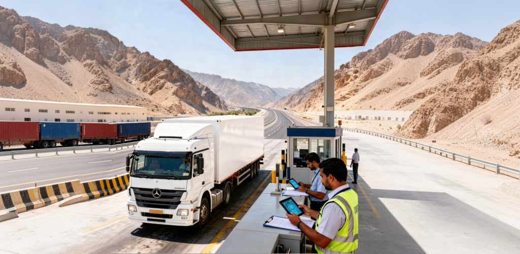 A Three Lines Shipping truck carrying containers from Omani ports passes through a digital customs checkpoint verified under the CIF doctrine.