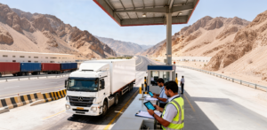 A Three Lines Shipping truck carrying containers from Omani ports passes through a digital customs checkpoint verified under the CIF doctrine.