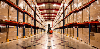 Interior of a high-density commercial warehouse in Dubai detailing structured pallet racking and volumetric storage setups